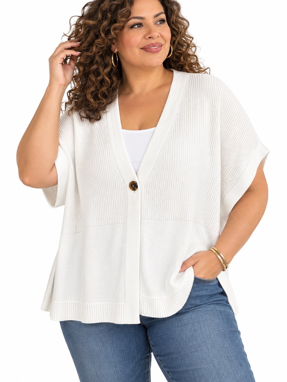 J.Jill Women 2X White Short Sleeve Cardigan Single Button Coastal Quiet Luxury